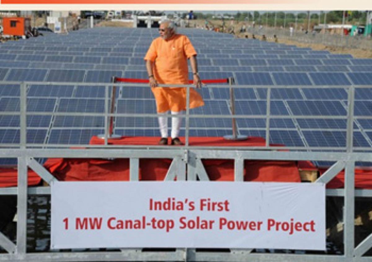 Narendra Modi, the then Chief Minister of Gujarat, inaugurating a 1  MW pilot project on the Narmada branch canal near Chandrasan village in Kadi taluka in Mehsana district in the State on  April 24, 2012